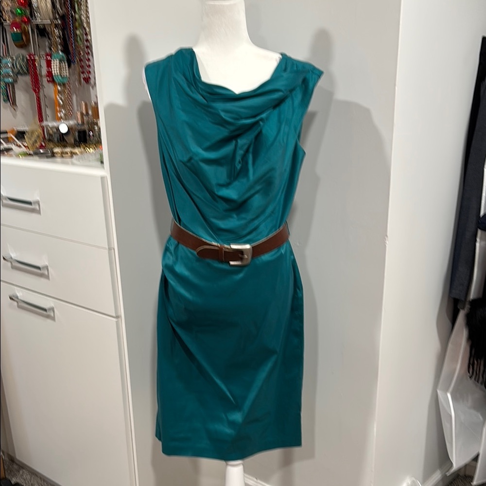 Suzi Chin for Maggy Boutique Green Sheath Midi Dress Cowl Neck